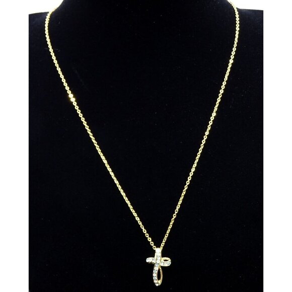 Beautiful Cross Chain Necklace Light Blue White Stones Goldtone - Picture 2 of 4